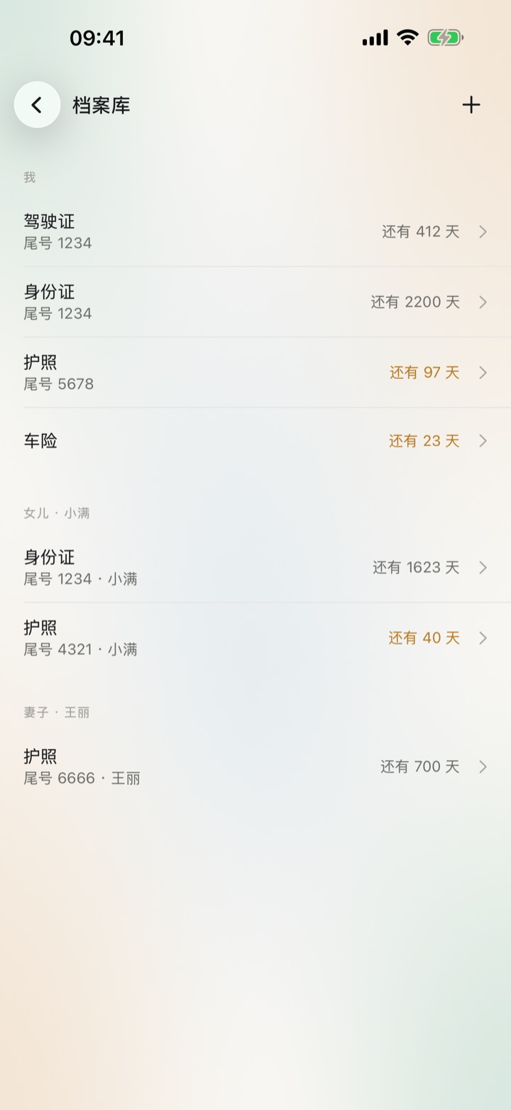 档案库：护照、驾驶证、身份证和车险的到期倒计时