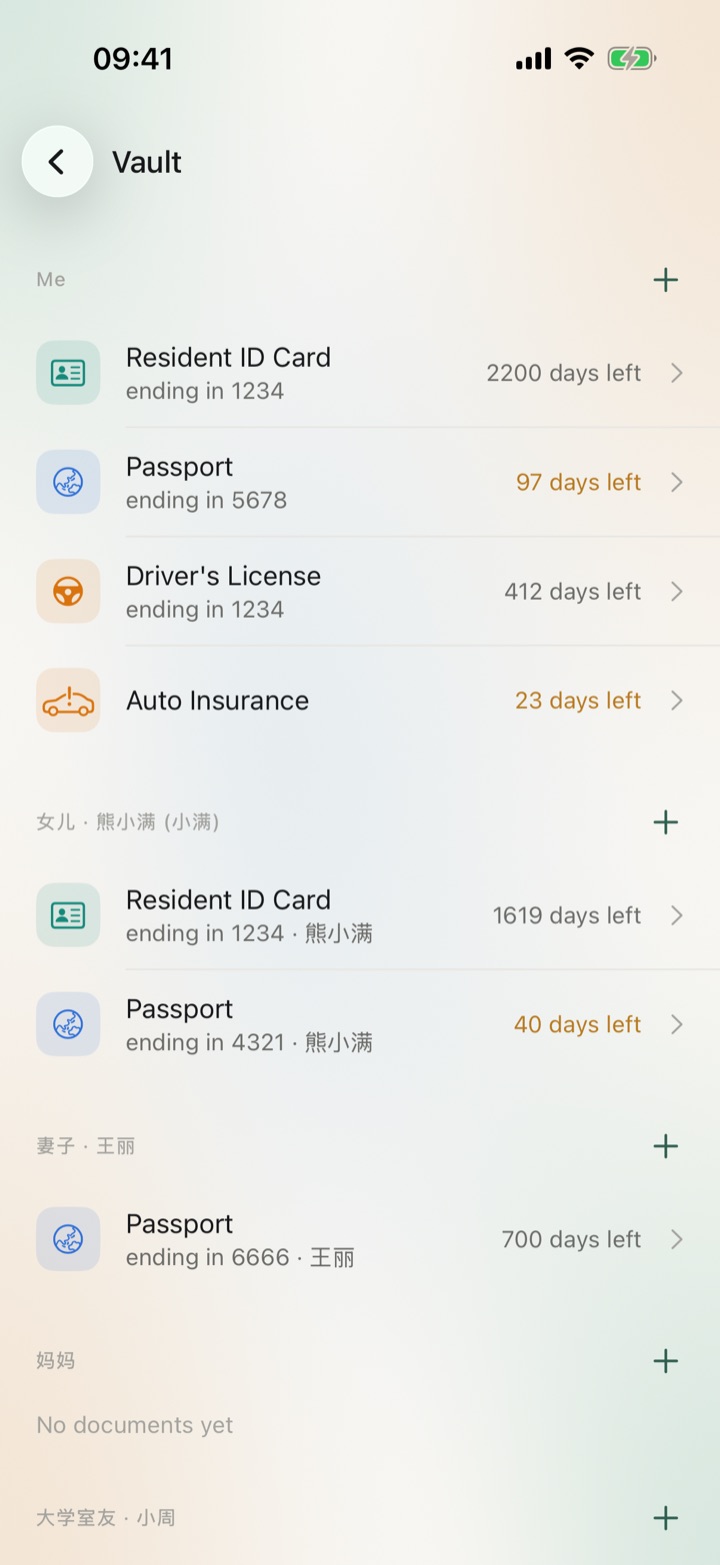 Vault: documents grouped by person, with your ID card, passport, driver’s license and car insurance, plus your daughter’s and wife’s documents, each showing days left