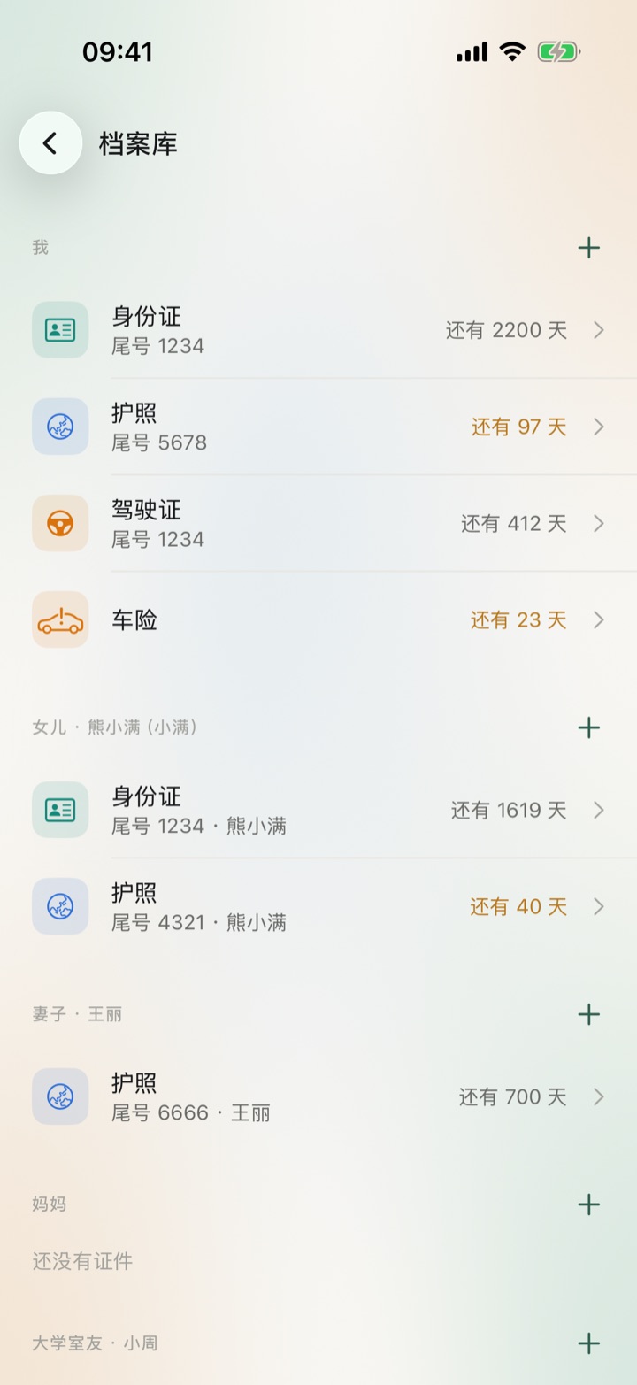 档案库：按人分组的证件，我的身份证、护照、驾驶证、车险，女儿和妻子的证件，各自显示还剩多少天到期